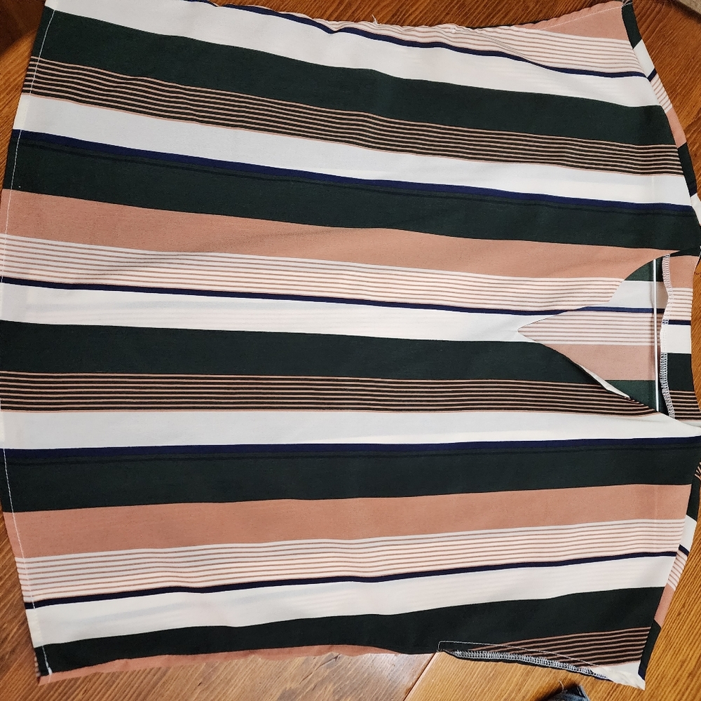 Straight cut green and blue strip v neck shirt